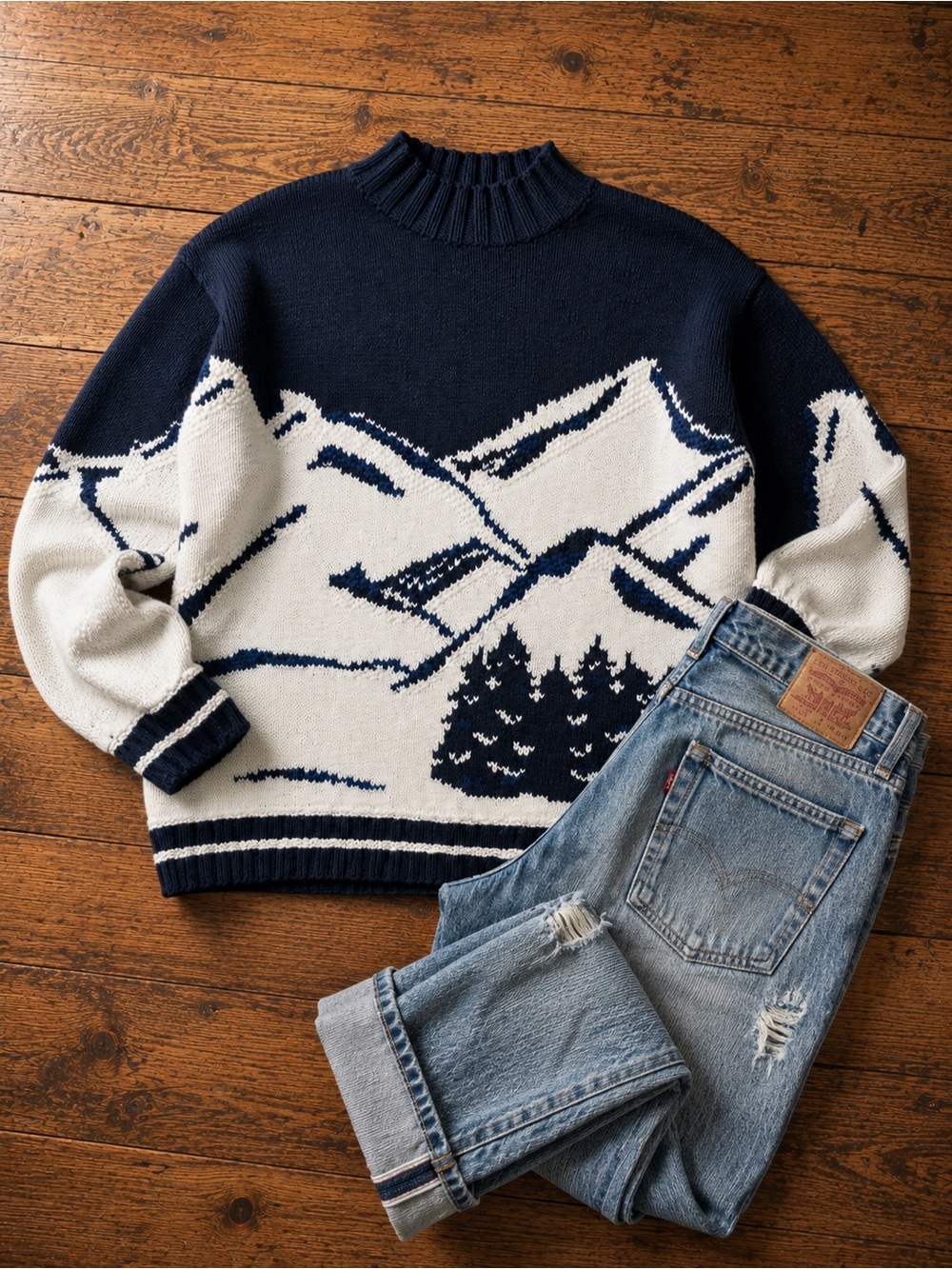 Vintage Navy & White Mountain Sweater | 100% Cotton Cabin Core Ski Lodge Cozy